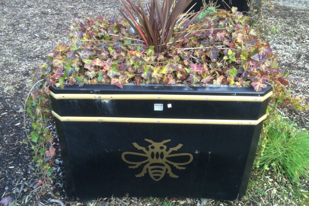 Manchester's symbol, a bee, on a city planter. Credit: Copyright 2015 Clarissa Hyman