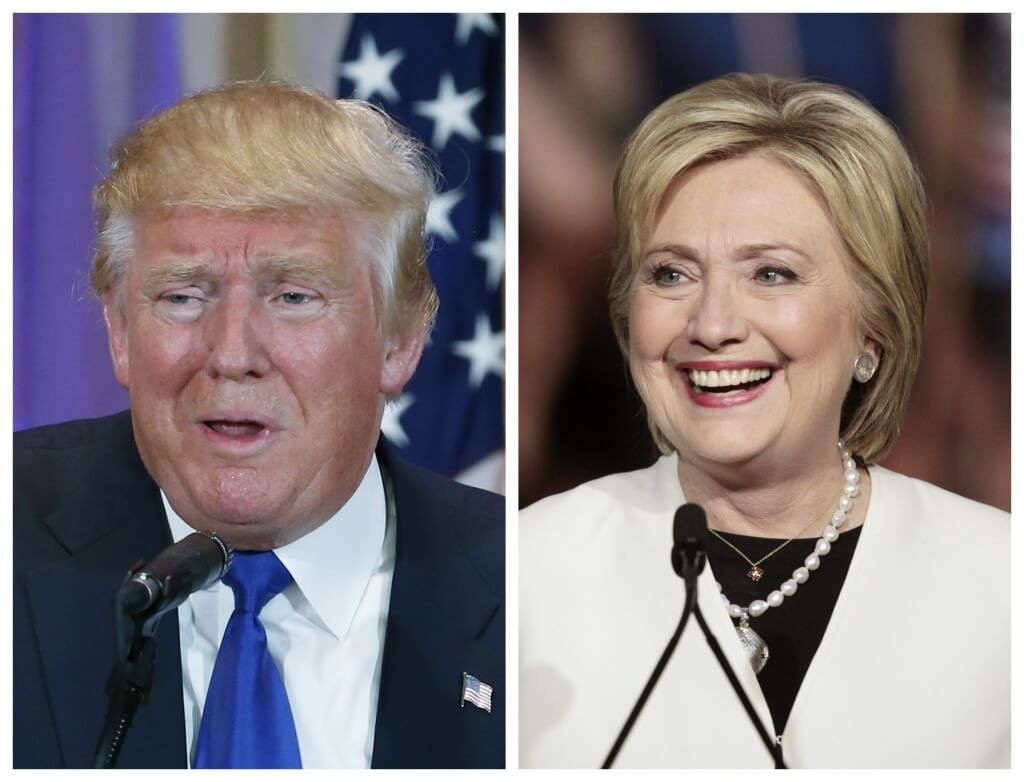 A combination photo shows Republican U.S. presidential candidate Donald Trump (L) in Palm Beach, Florida and Democratic U.S. presidential candidate Hillary Clinton (R) in Miami, Florida at their respective Super Tuesday primaries campaign events on March 1, 2016. REUTERS/Scott Audette (L), Javier Galeano (R)