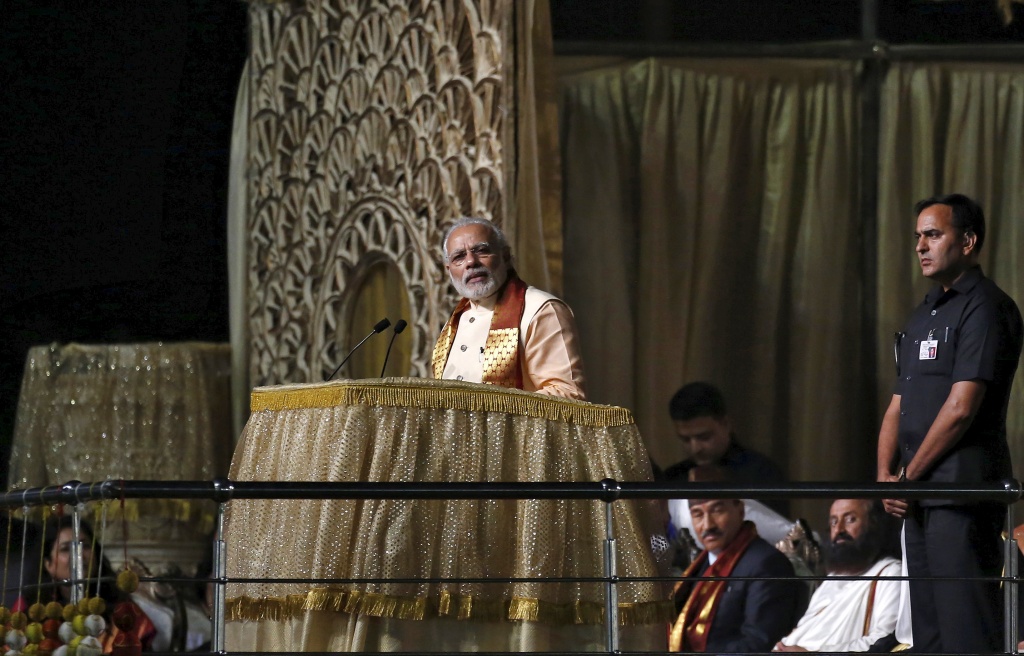 Prime Minister Narendra Modi addresses the gathering at the venue of World Culture Festival on the banks of the river in New Delhi, India, March 11, 2016. REUTERS/Adnan Abidi
