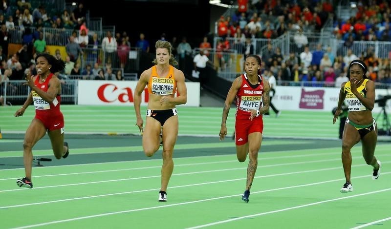 Barbara Pierre of the U.S. (L) runs to win the women's 60 meters final past Dafne Schippers of the Netherlands (2nd from L) during the IAAF World Indoor Athletics Championships in Portland, Oregon March 19, 2016.      REUTERS/Mike Blake -